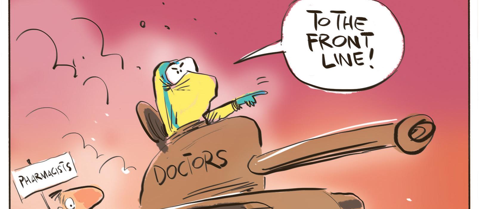 Cartoon COVID-19 pharmacists frontline - Rod Emmerson