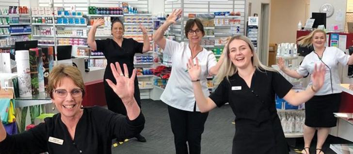 Sanders Pharmacy staff celebrate Alert Level 2: They are Sherryl Phillips, Jess Billing, Vicki Macky, Brittney Kemp and Ruby Fraser