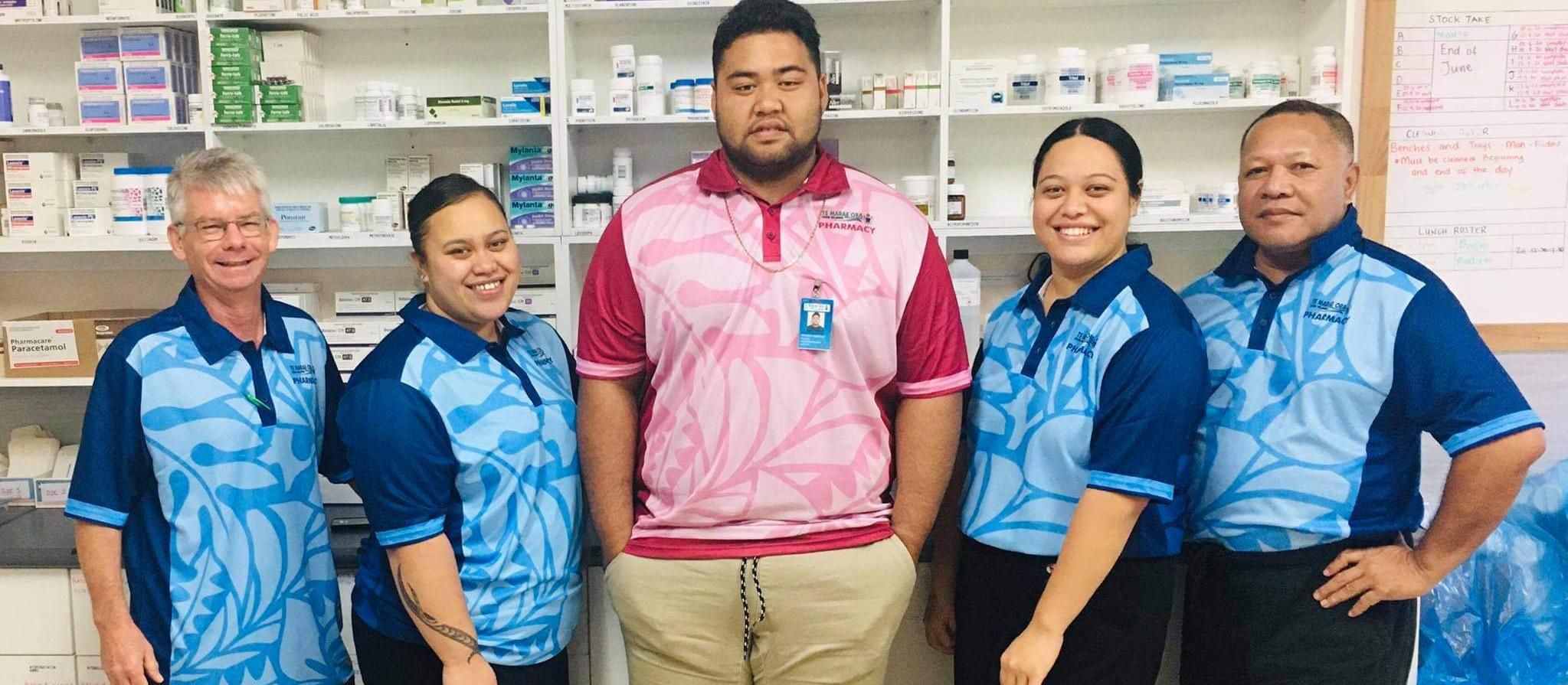 The Cooks Islands hospital pharmacy team (from left) chief pharmacist Andrew Orange, pharmacy assistants Zii Royale and Phillip Hosking, senior pharmacy technician Elizabeth Bryson and warehouse manager Glassie Matata 