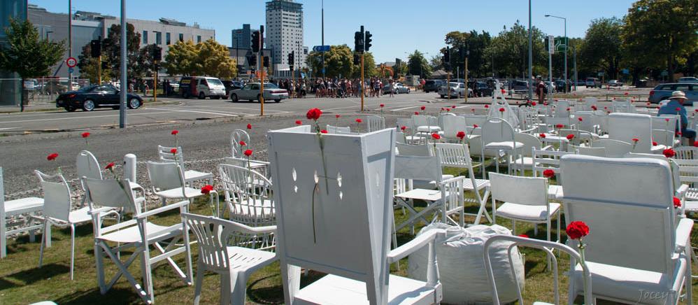 The third anniversary of the Christchurch earthquake was marked by an installation of white chairs by Peter Majendie. Each chair represents one of the 185 people who lost their lives [photo: Jocelyn Kinghorn] 