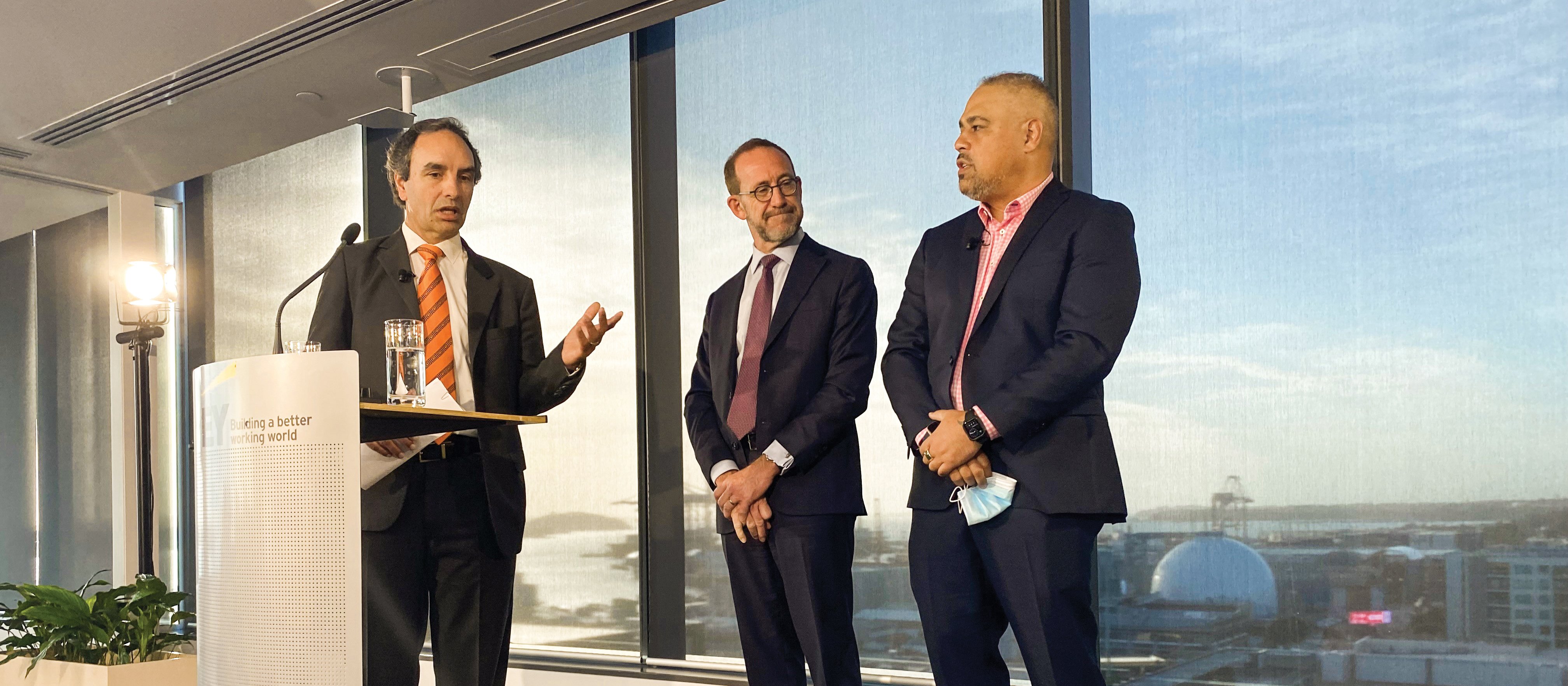 Chad Paraone, deputy commissioner at Waikato DHB, with health minister Andrew Little and associate health minister Peeni Henare, address a post-Budget meeting in Auckland on 20 May
