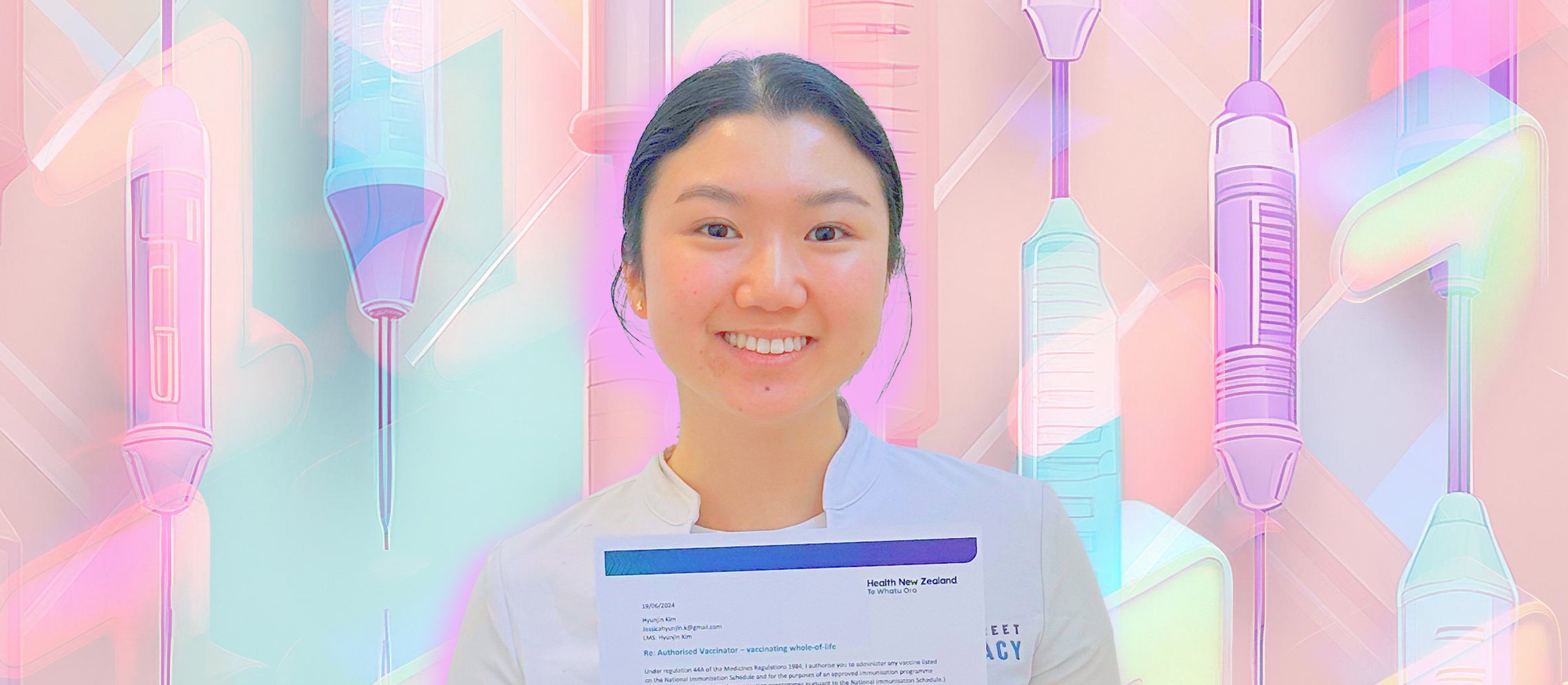 Jessica Kim with syringe background