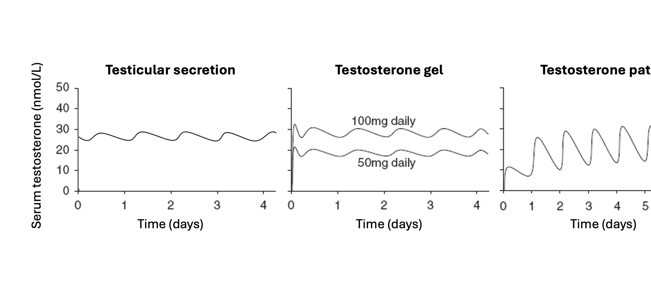 Serum testosterone levels in different forms of testosterone application, compared with testicular secretion (time scales are adjusted per preparation)