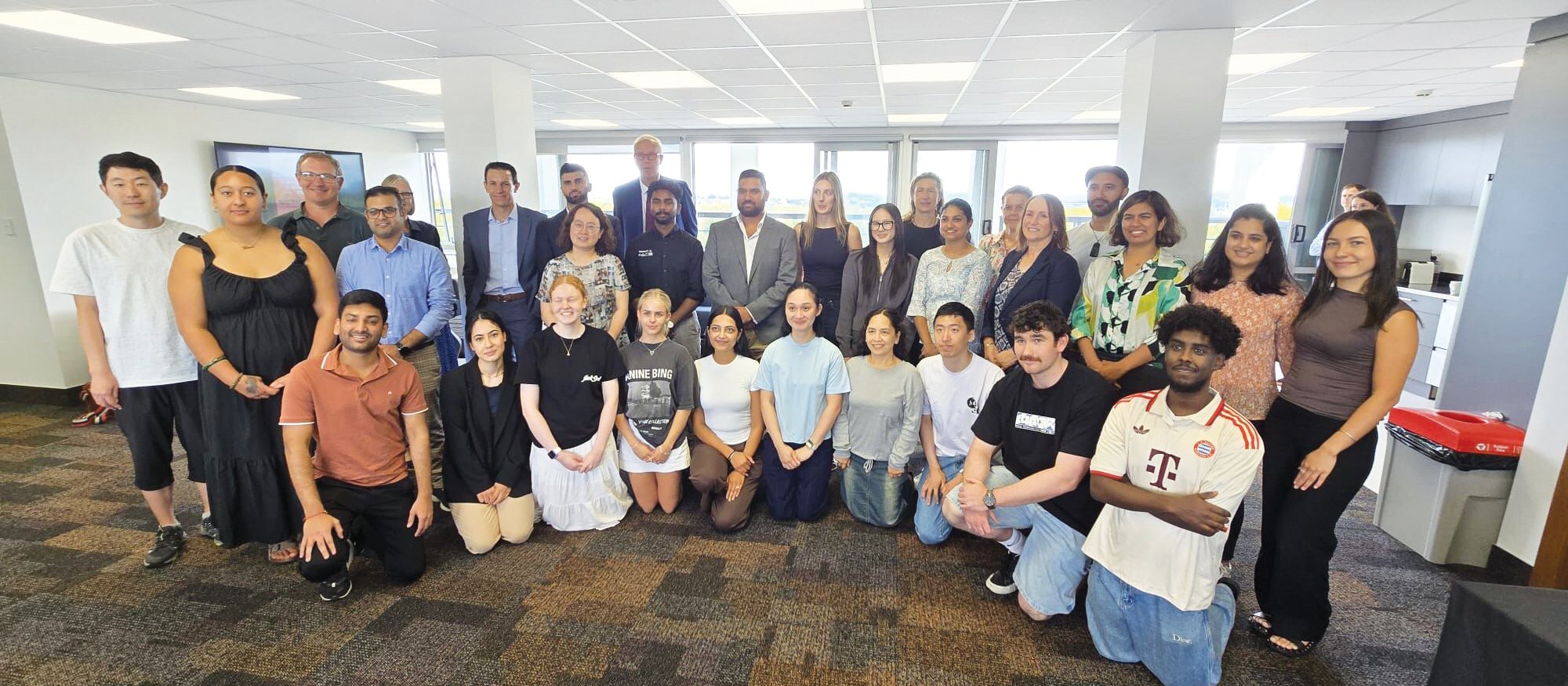 Waikato Pharmacy School class of 2025 with University staff and sector reps CR Grier Fisher