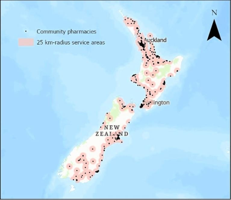 Study community density pharmacy in NZ (Map supplied)