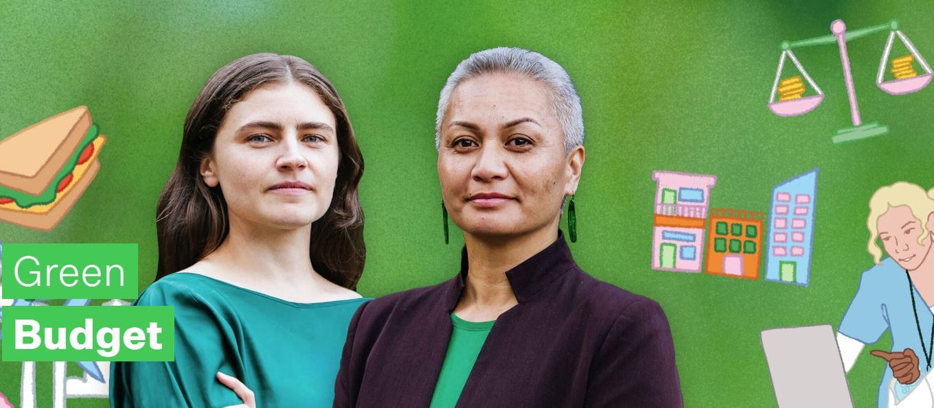 Image shows Green Party co-leaders Chloe Swarbrick and Marama Davidson on a green background and images from the party's Budget document