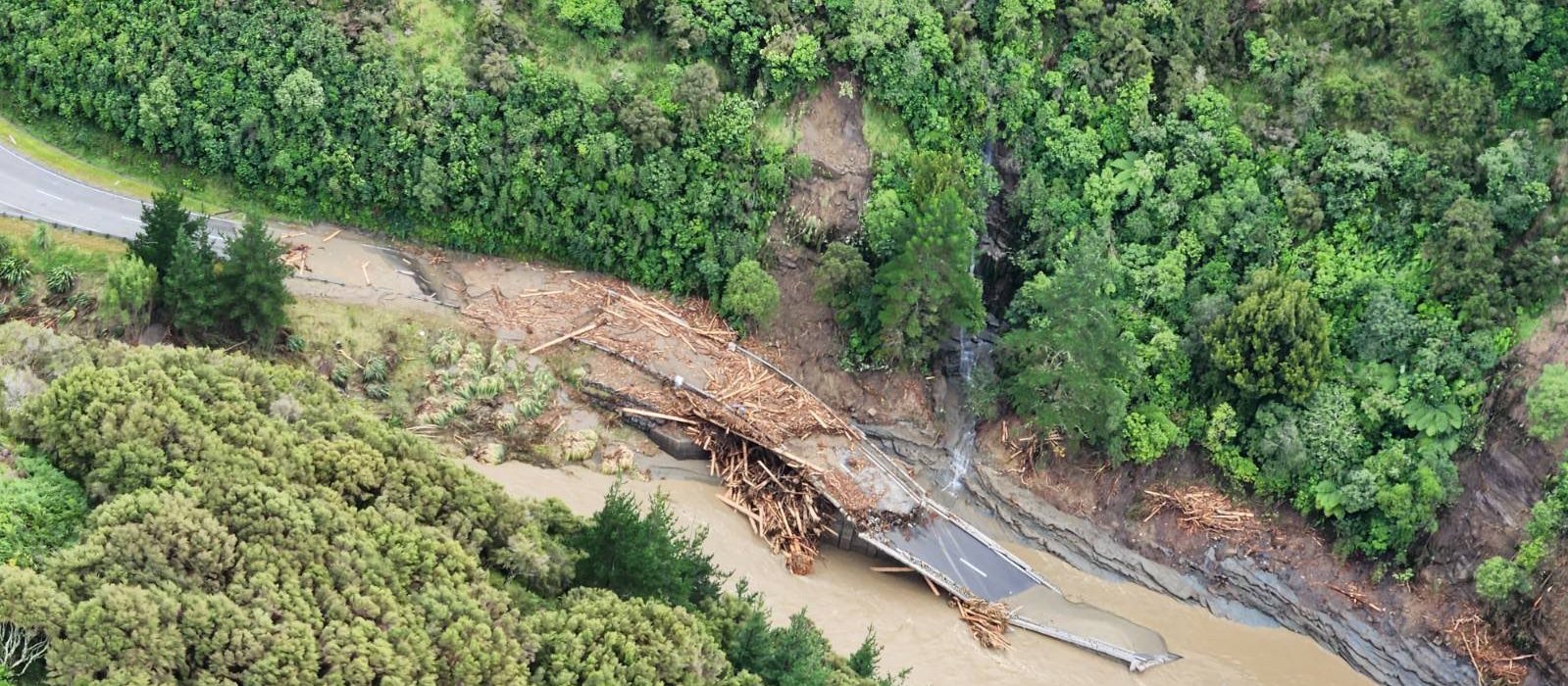 Part of SH2 washed out by flooding caused by Cyclone Gabrielle