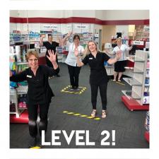 Sanders Pharmacy staff celebrate Alert Level 2: They are Sherryl Phillips, Jess Billing, Vicki Macky, Brittney Kemp and Ruby Fraser