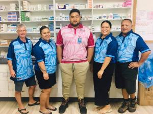 The Cooks Islands hospital pharmacy team (from left) chief pharmacist Andrew Orange, pharmacy assistants Zii Royale and Phillip Hosking, senior pharmacy technician Elizabeth Bryson and warehouse manager Glassie Matata 