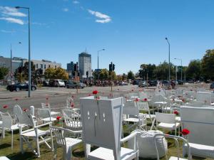 The third anniversary of the Christchurch earthquake was marked by an installation of white chairs by Peter Majendie. Each chair represents one of the 185 people who lost their lives [photo: Jocelyn Kinghorn] 