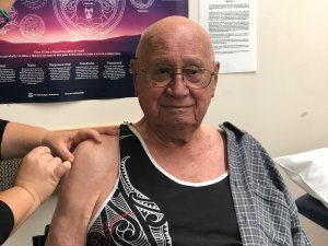 Toko Matangi, aged 93, gets his flu vaccination, April 2021