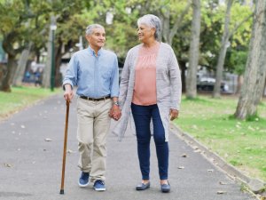 Elderly couple walking