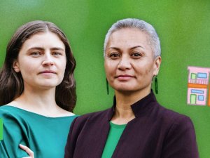 Image shows Green Party co-leaders Chloe Swarbrick and Marama Davidson on a green background and images from the party's Budget document