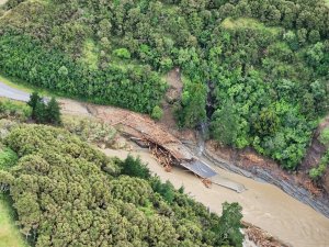 Part of SH2 washed out by flooding caused by Cyclone Gabrielle