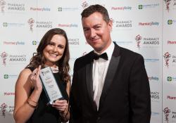YOUNG PHARMACIST The biggest smile on the night went to Olivia Lyons with Scott Sherriff from Douglas Pharmaceuticals