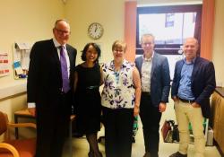Shane Jackson, Graeme Smith and Mark Naunton (PSA) with Helen Kilminster and Karen Downing, GP pharmacists at Whiteactes Medical Centre in Malvern, Worcester