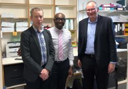 Shane Jackson, President PSA and Graeme Smith with Ade Williams, prescribing pharmacist at Bedminster Pharmacy in Bristol prior to FIP